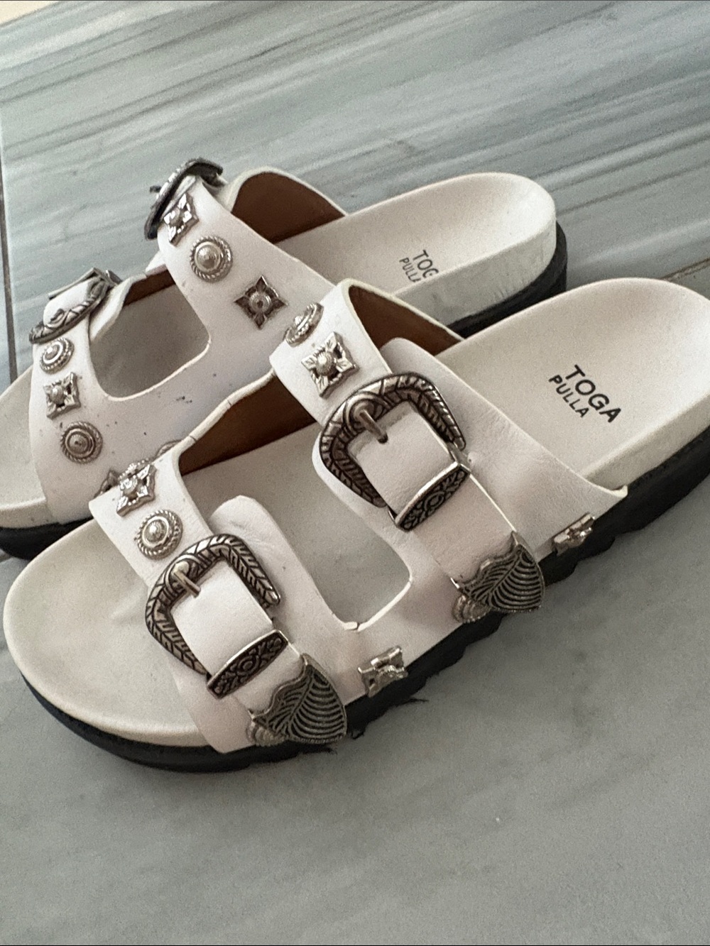 TOGA Pulla White Double-Buckle Studded Slide Sandals
